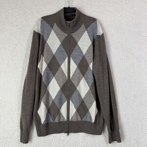 Banana Republic Sweater Mens XL Brown Argyle Full Zip Merino Wool Pullover